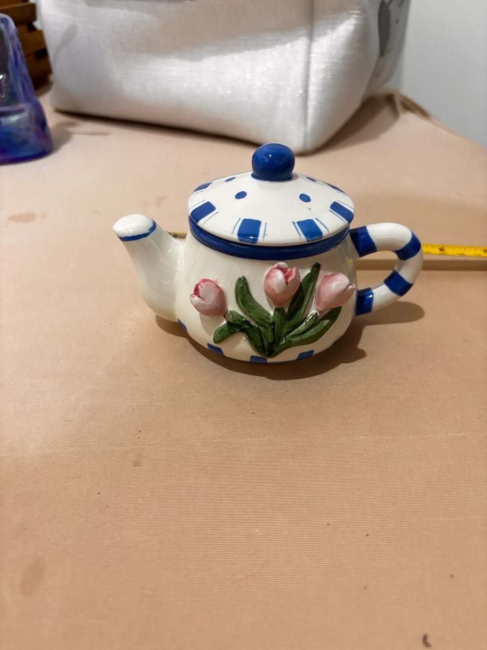 Ceramic Blue and White Stripe Mini Teapot With Pink Tulips